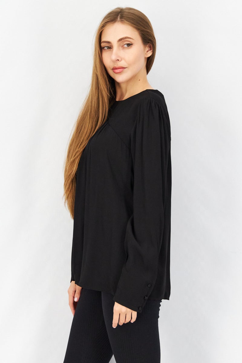 ESPRIT Women Round Neck Long Sleeve Plain Pleated Top, Black - Image 4